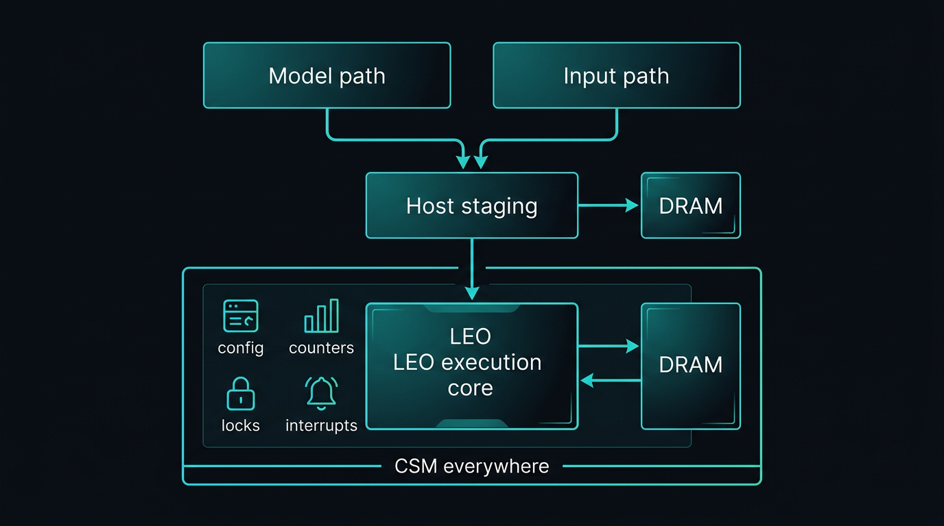Diagram: model path and input path converge into host staging with DRAM; LEO execution core exchanges data with DRAM while consuming instructions; CSM spans configuration, locks, interrupts, and hardware performance counters.