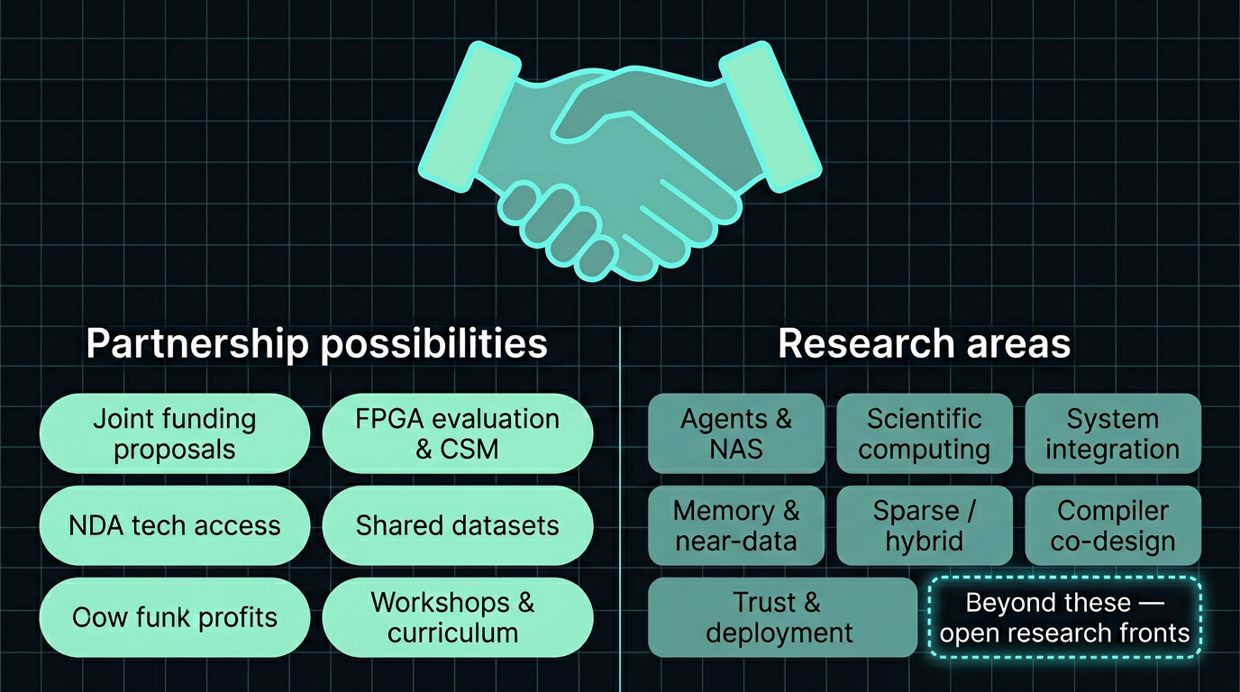 Partnership visual: handshake above two areas—partnership possibilities (joint funding, FPGA evaluation with CSM, NDA and benchmarks, shared datasets, workshops); research theme tiles plus a distinct box indicating new possibilities and that interests are not limited to the listed themes. Grouped tiles only, no flow arrows.